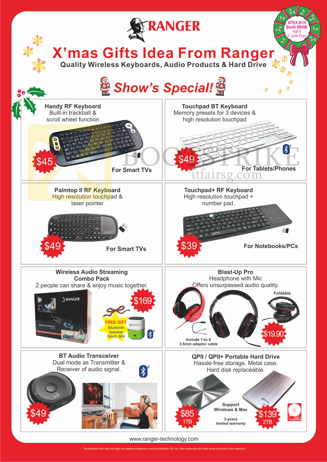 SITEX 2015 price list image brochure of Ranger Accessories Keyboards, Audio Streaming, Headphones, Audio Transceiver, Portable Hard Drive, Handy RF, Touchpad BT, Palmtop II RF, Touchpad Plus RF, Blast-Up Pro