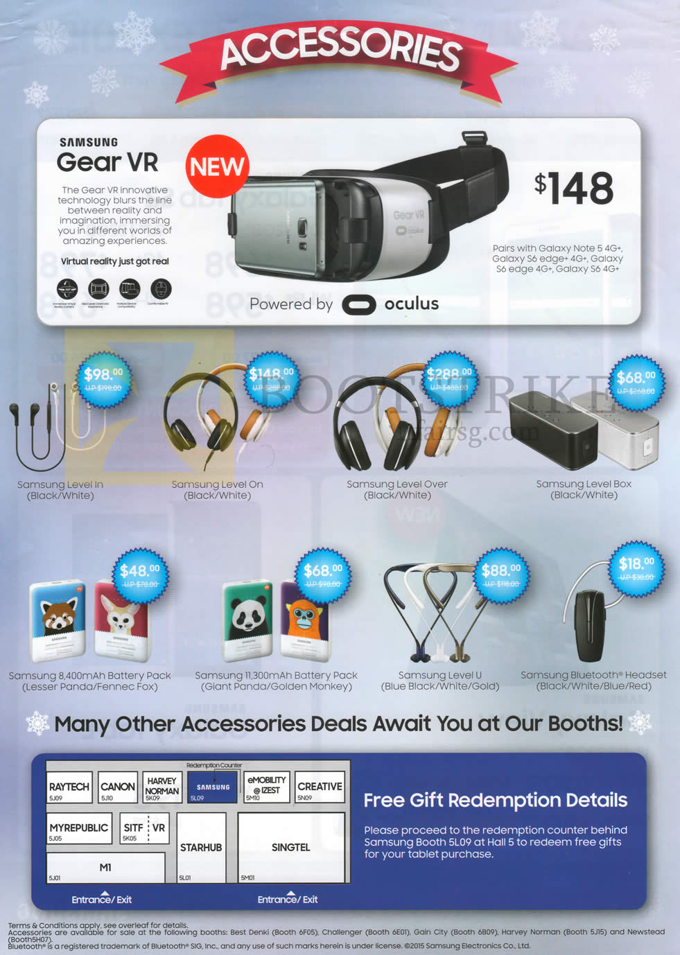 SITEX 2015 price list image brochure of Samsung Gear VR, Level In, Level On, Accessories Level Over, Level Box,Level U, Bluetooth Headset, 8400mAh, 11300mAh Battery Packs