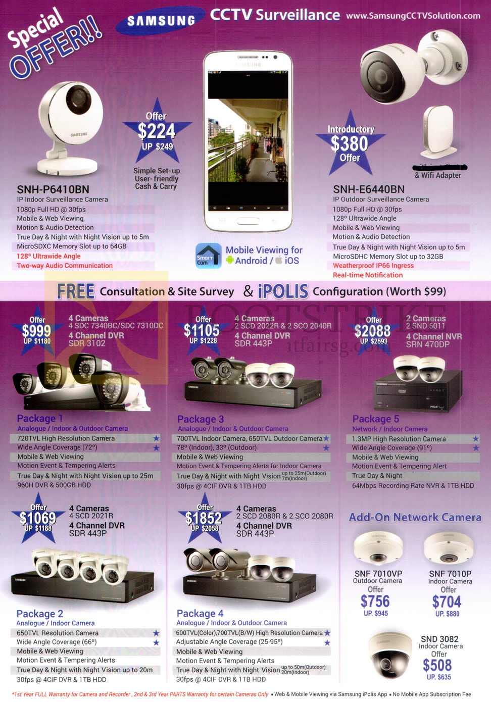 SITEX 2015 price list image brochure of Samsung IPCams SNH-P6410BN, E6440BN, Cameras, Packages 1, 2, 3, 4, 5, Add On Network Camera, SNF 7010VP, SNF 7010P, SND3082