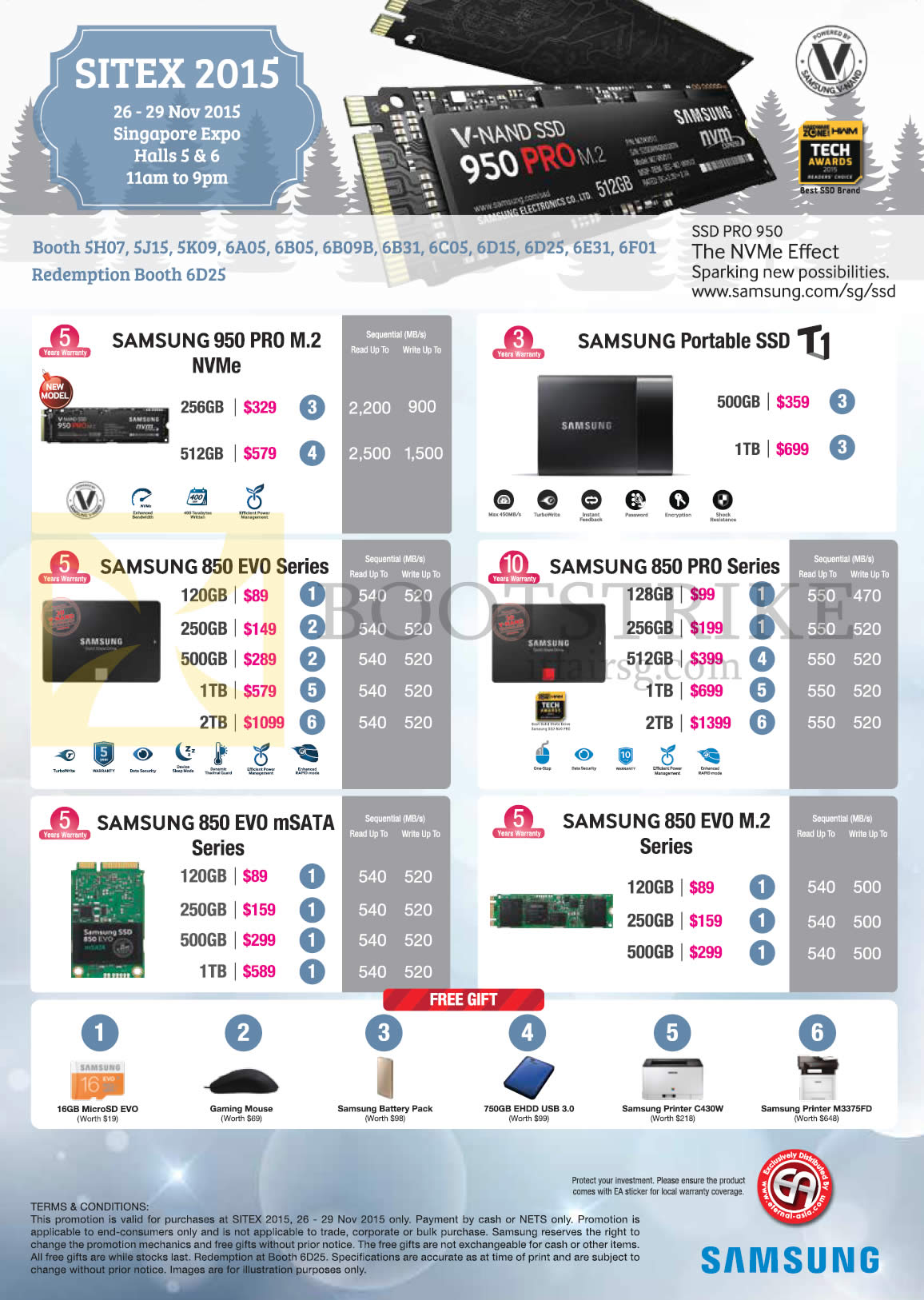 SITEX 2015 price list image brochure of Samsung SSDs 950 Pro M.2 NVMe, T1, 850 Evo Series, 850 Pro Series, 850 EVO MSata, 850 Evo M.2