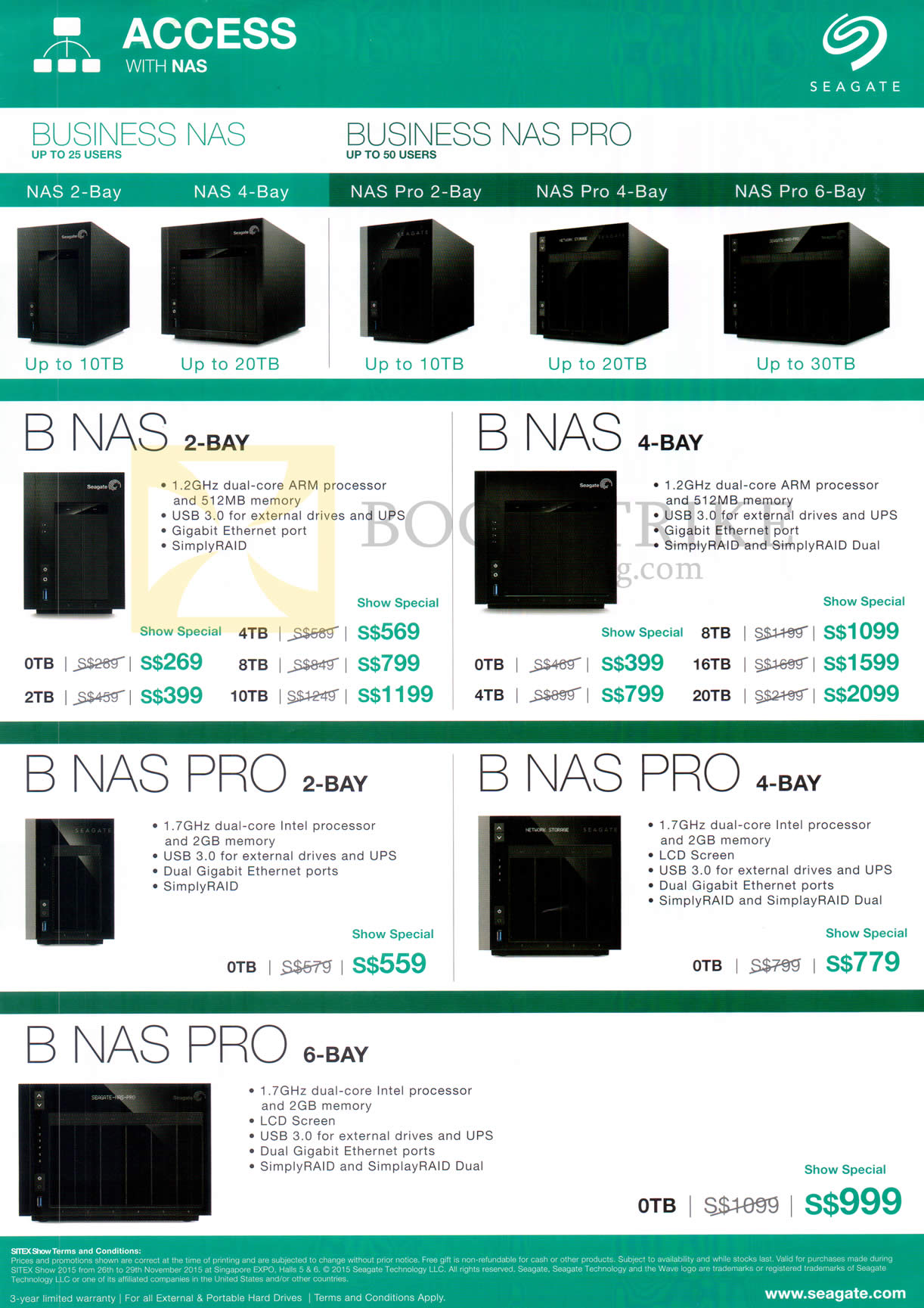 SITEX 2015 price list image brochure of Seagate Business NAS, NAS Pro, 2Bay, 4Bay, 6Bay