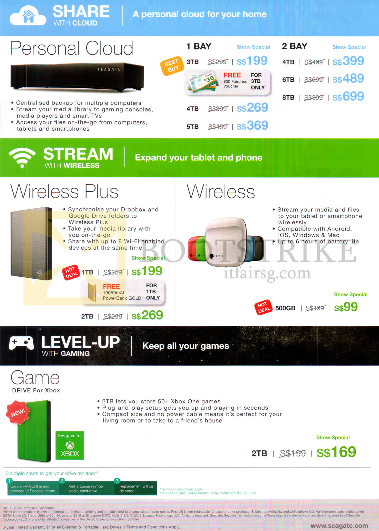 SITEX 2015 price list image brochure of Seagate Personal Cloud, Wireless, Wireless Plus, Game Drive For Xbox, 1Bay, 2Bay, 500GB, 1TB, 2TB, 3TB, 4Tb, 5TB, 6TB, 8TB