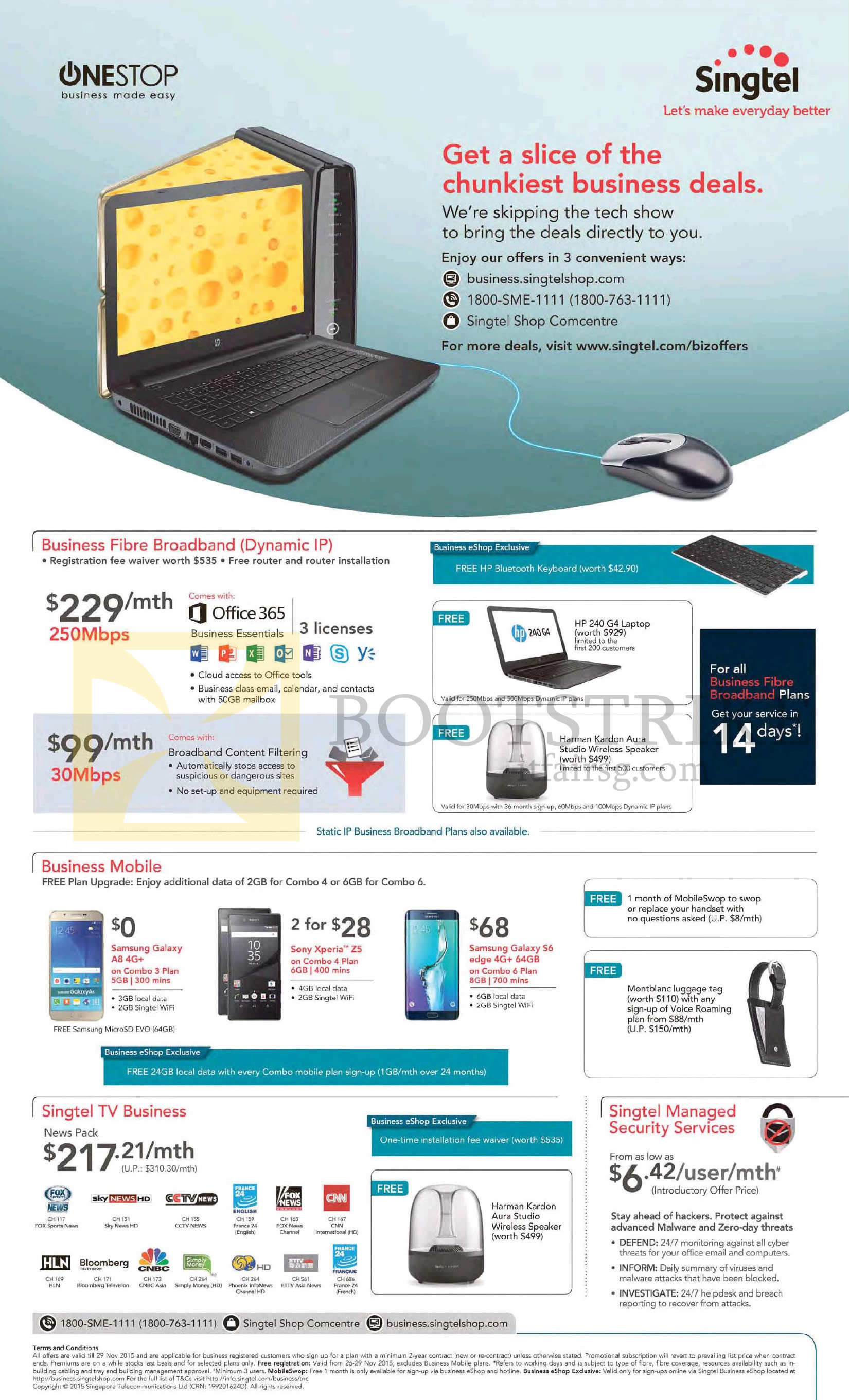 SITEX 2015 price list image brochure of Singtel Business 30Mbps, 250Mbps Fibre Broadband, TV, Security Services, Mobile Phones Samsung Galaxy A8, S6 Edge, Sony Xperia Z5