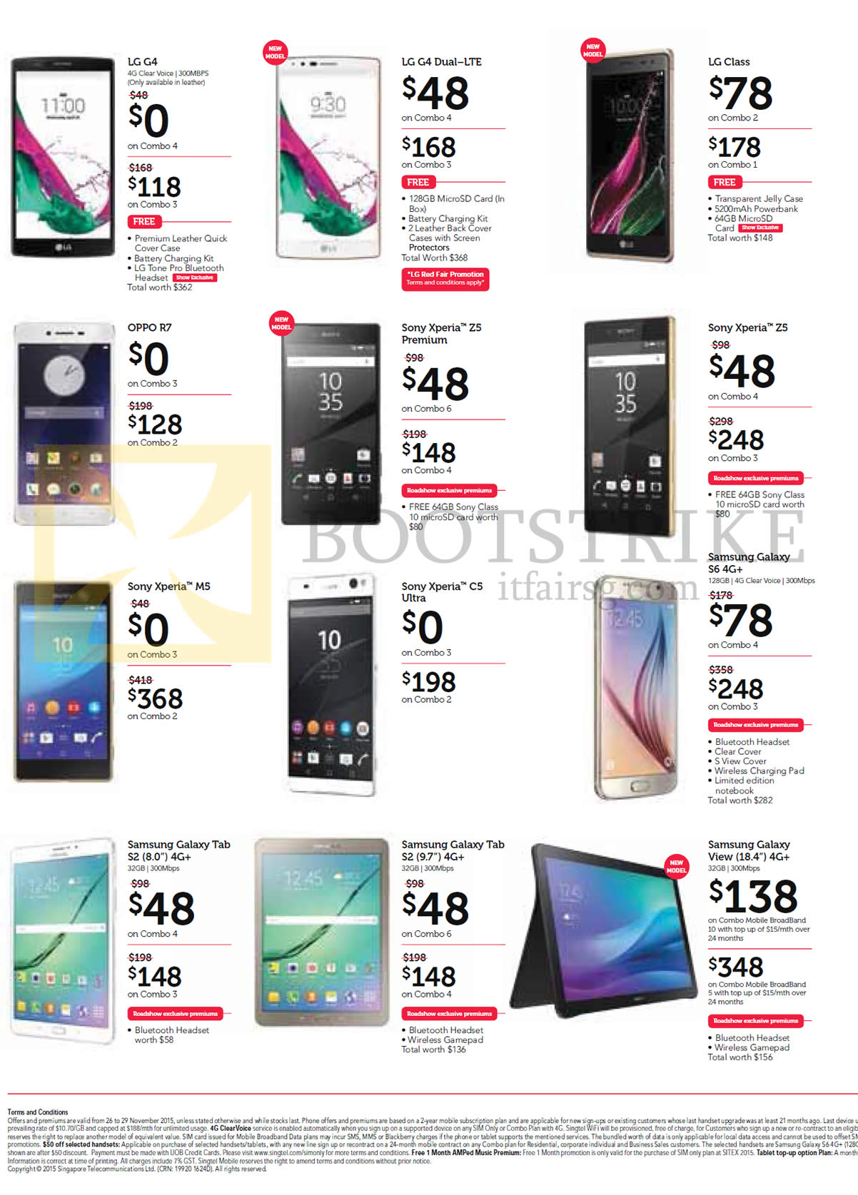 SITEX 2015 price list image brochure of Singtel Mobile Phones LG G4, G4 Dual LTE, Class, Oppo R7, Sony Xperia Z5 Premium, Z5, M5, C5 Ultra, Samsung Galaxy S6, Tab S2 8.0, Tab S2 9.7, View 18.4