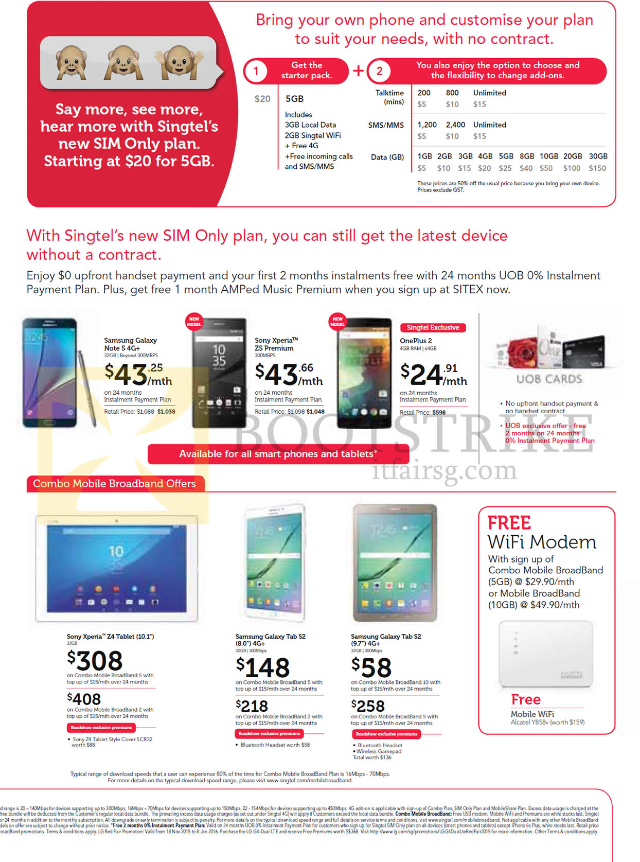 SITEX 2015 price list image brochure of Singtel Sim Only Plan, Mobile Phones, Tablets, Sony Xperia Z5 Premium, OnePlus 2, Sony Xperia Z4 Tablet 10.1, Samsung Galaxy Tab S2 8.0, Note 5, Tab S2 9.7