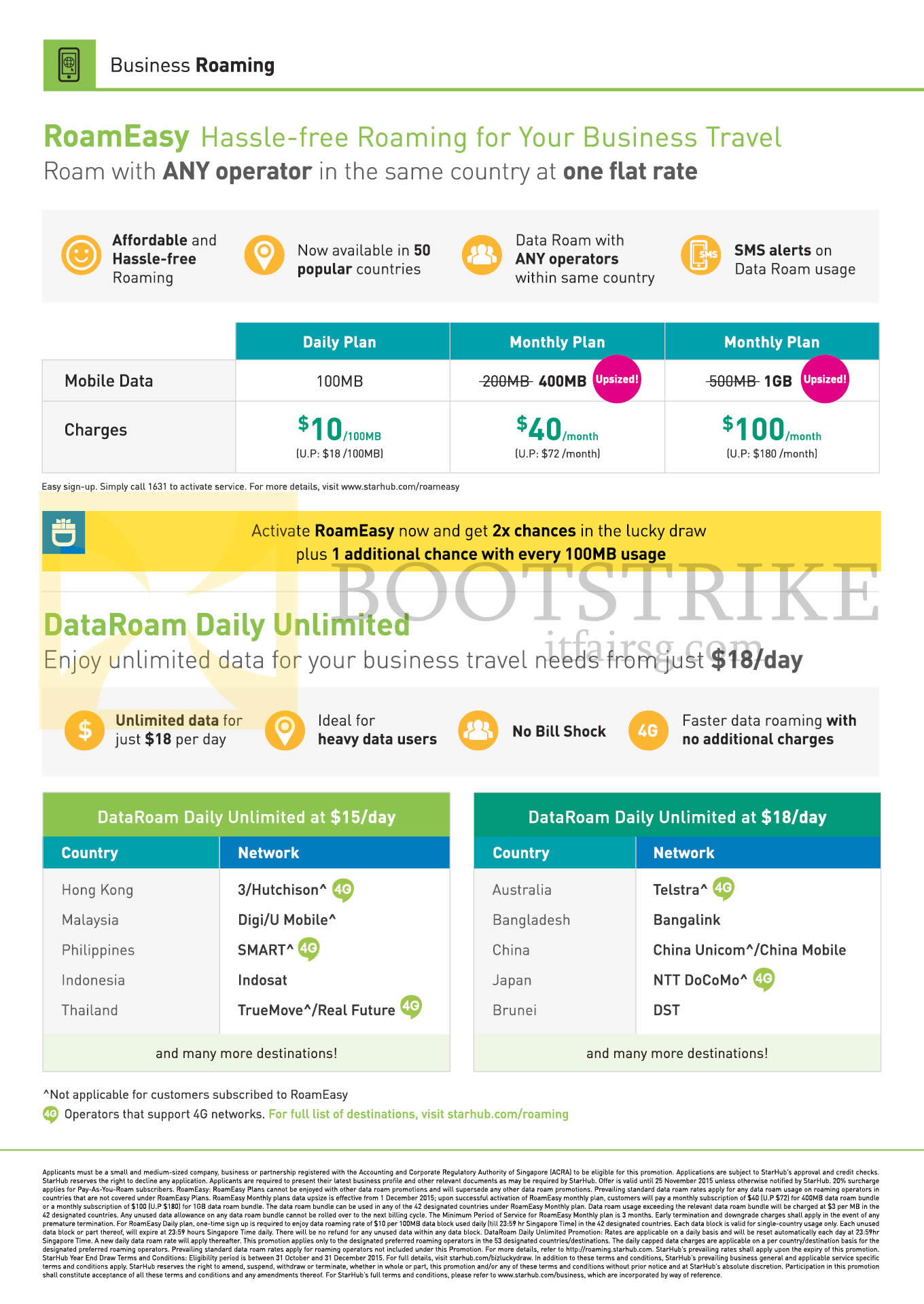 SITEX 2015 price list image brochure of Starhub Business RoamEasy Daily, Monthly Plans 10.00, 40.00, 100.00, DataRoam Daily Unlimited 15.00, 18.00