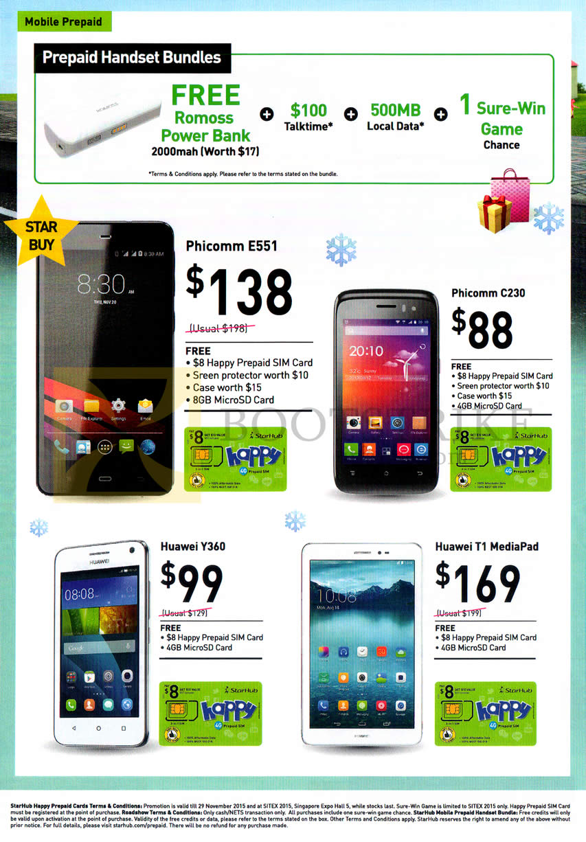 SITEX 2015 price list image brochure of Starhub Mobile Prepaid Handset Bundles, Mobile Phones, Phicomm E551, C230, Huawei Y360, T1 MediaPad