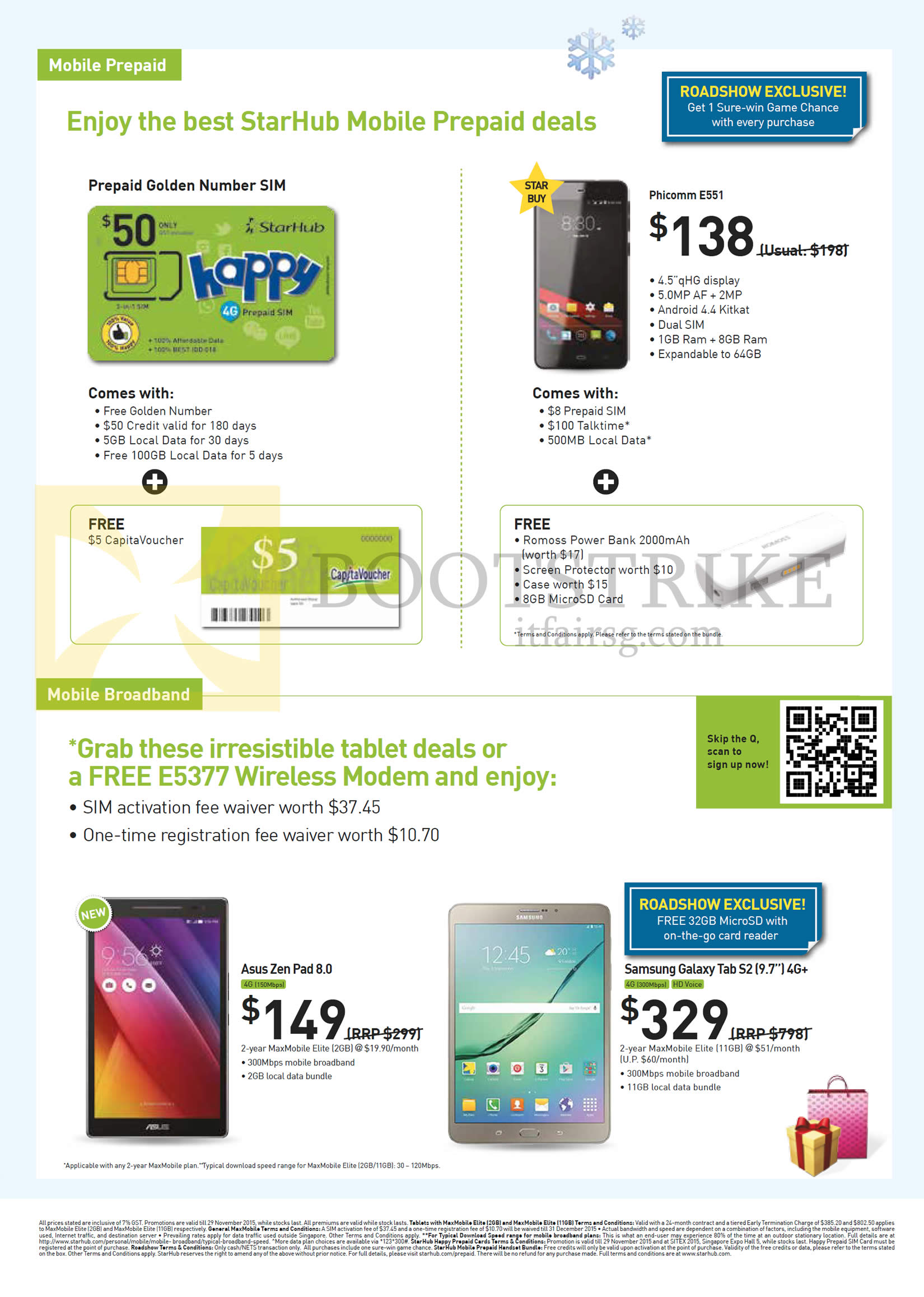 SITEX 2015 price list image brochure of Starhub Mobile Prepaid, Broadband, Golden Number Sim, Phicomm E551, Asus Zenpad 8.0, Samsung Galaxy Tab S2 9.7