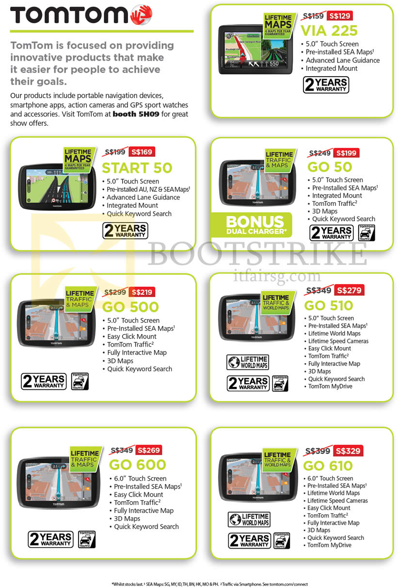 SITEX 2015 price list image brochure of TomTom GPS Navigators VIA 225, GO 50, START 50, GO 500, GO 510, GO 610, GO 600