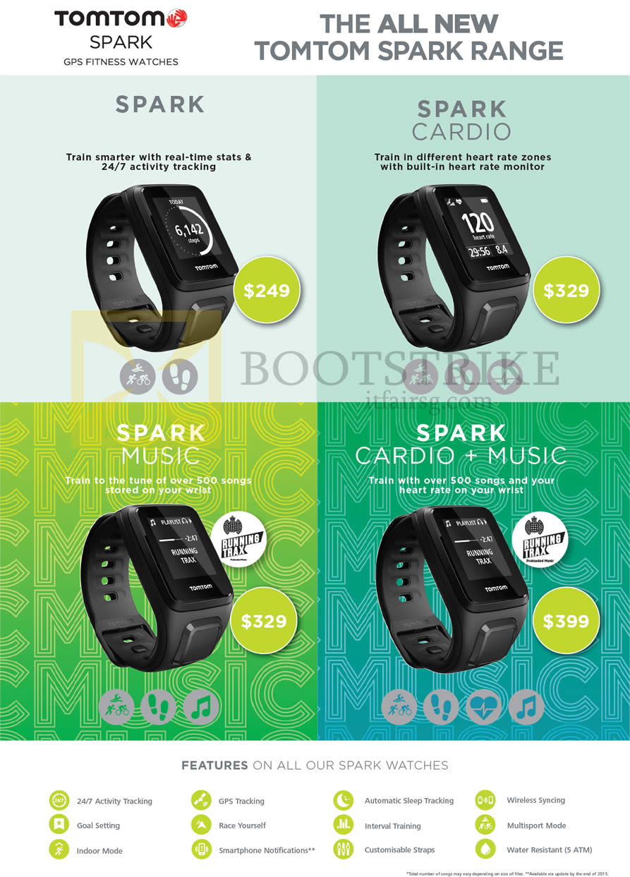 SITEX 2015 price list image brochure of TomTom Spark GPS Fitness Watches, Spark Cardio, Spark Music, Spark Cardio Music