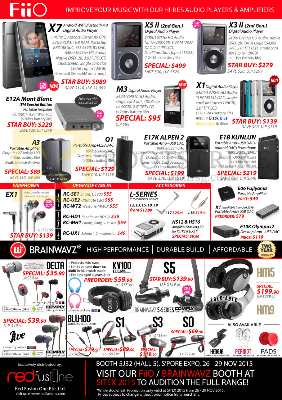 SITEX 2015 price list image brochure of Treoo Fiio Digital Audio Players, Earphones, Cables, Accessories, X7, X5 II, X3 II, E12A Mont Blanc, M3, X1, A3, Q1, E17K Alpen 2, E18 Kunlun, EX1, Delta, KV100, S5, S1, S3, S0