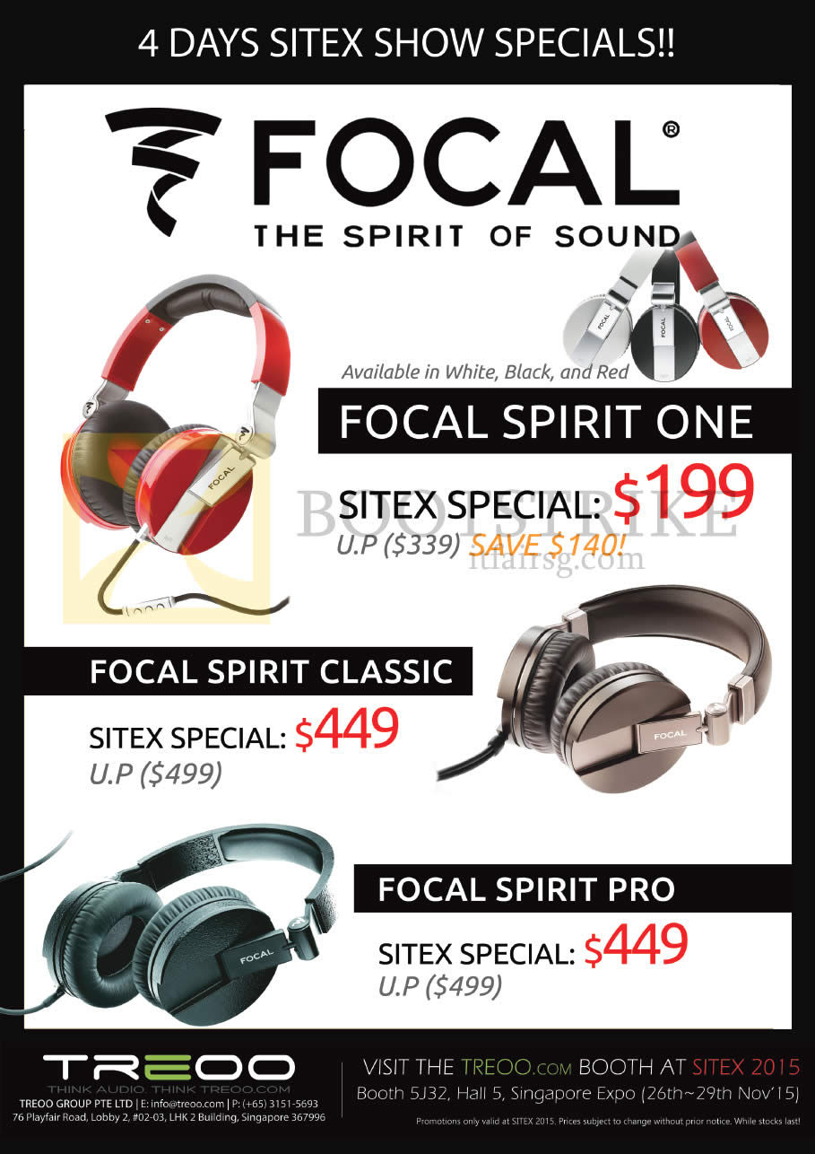 SITEX 2015 price list image brochure of Treoo Headphones Focal Spirit One, Focal Spirit Classic, Focal Spirit Pro