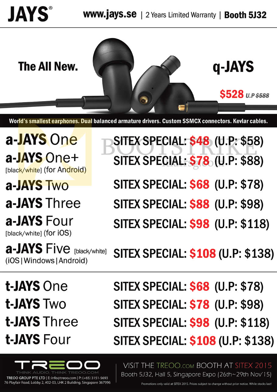 SITEX 2015 price list image brochure of Treoo Jays Earphones A-JAYS, T-JAYS, One, One Plus, Two, Three, Four, Five