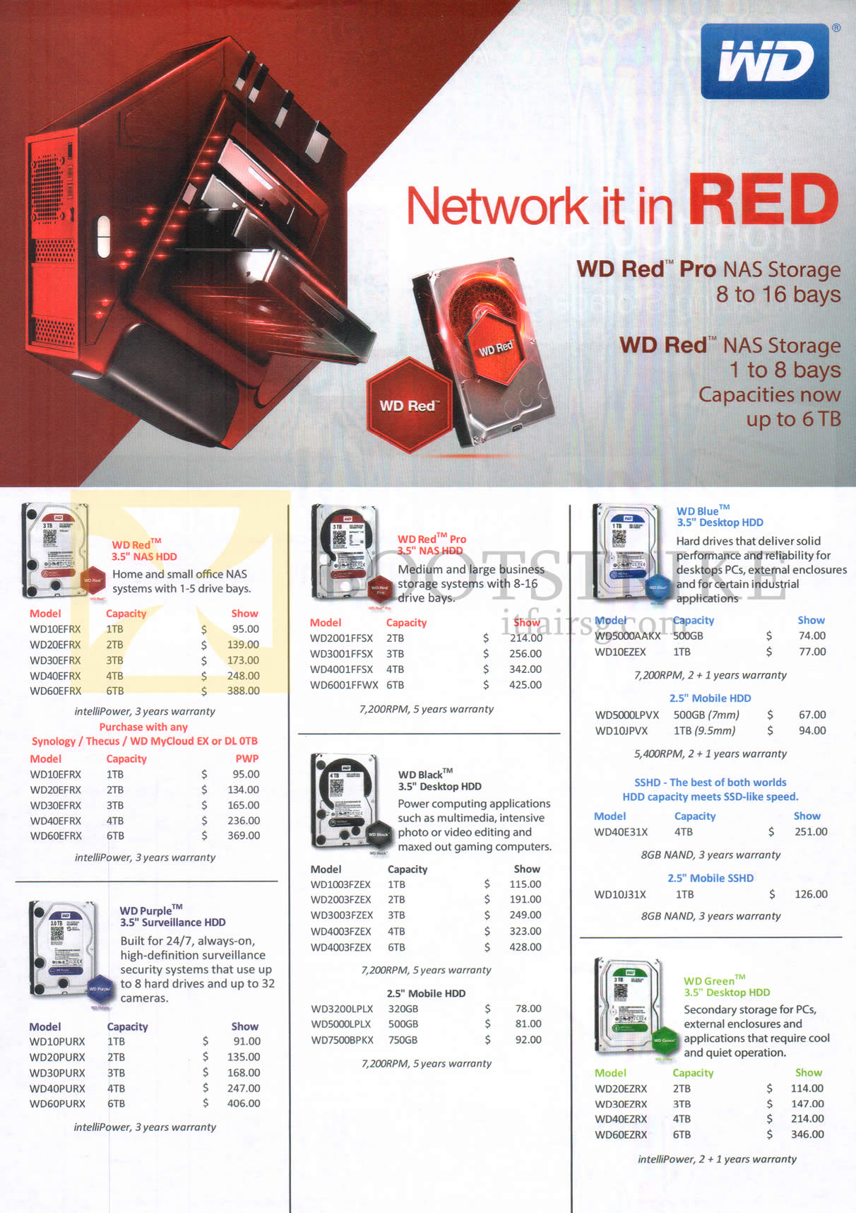 SITEX 2015 price list image brochure of Western Digital Internal Hard Disk, NAS Storage Bays Red, Purple, Red Pro, Black, Blue, Green 320GB, 500GB, 750GB, 1TB, 2TB, 3TB, 4TB, 6TB