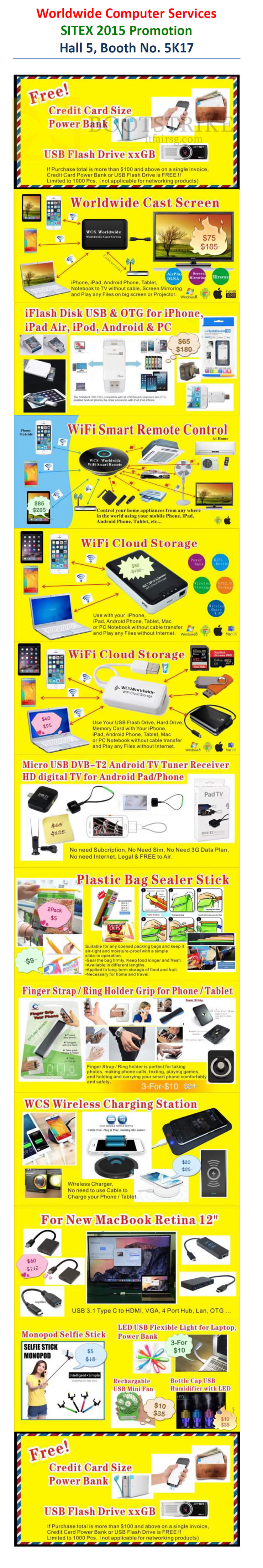 SITEX 2015 price list image brochure of Worldwide Computer Services Cast Screen, IFlash Disk USB, Wifi Smart Remote Control, Cloud Storage, Plastic Bag Sealer Stick, Finger Strap For Phone