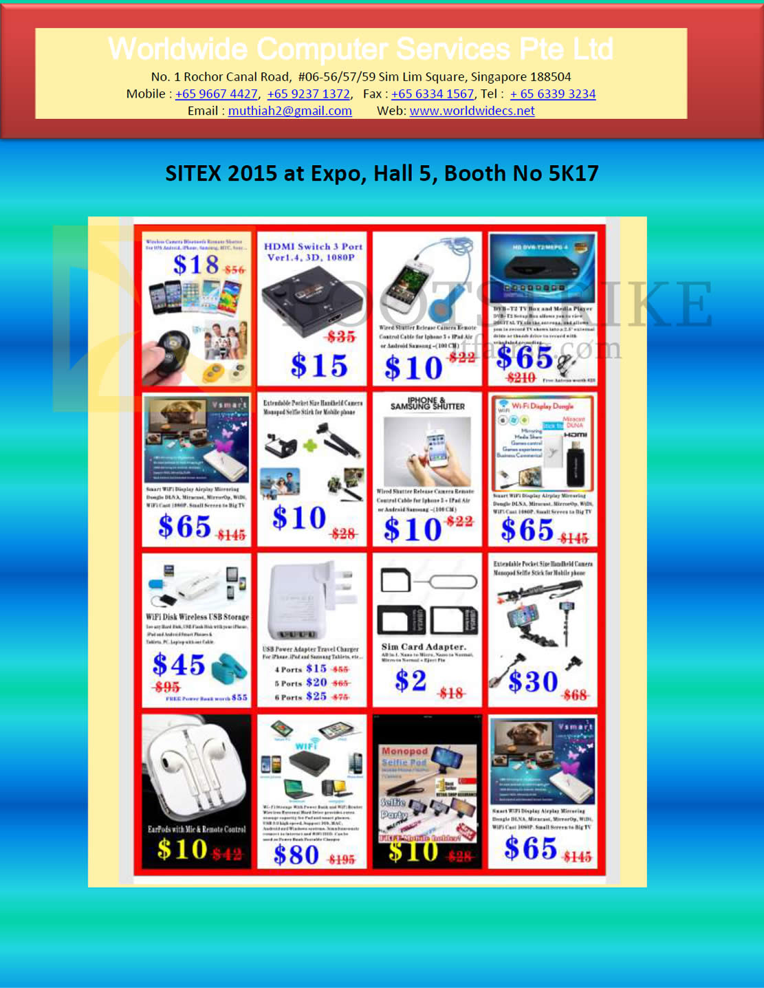 SITEX 2015 price list image brochure of Worldwide Computer Services HDMI Switch 3 Port, Wi-Fi Display Dongle, Wireless USB Storage, USB Power Adapter Travel Charger, Sim Card Adapter