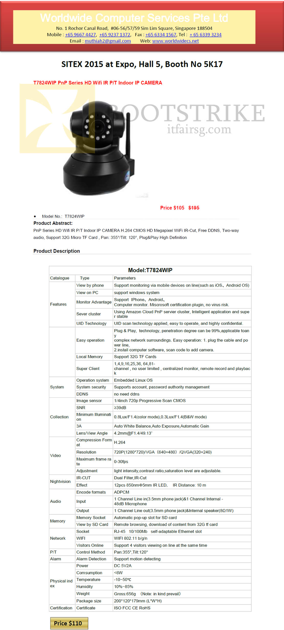 SITEX 2015 price list image brochure of Worldwide Computer Services IP Camera T7824WIP