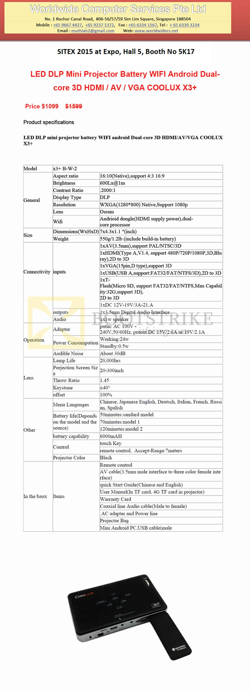 SITEX 2015 price list image brochure of Worldwide Computer Services X3 Plus Mini Projector