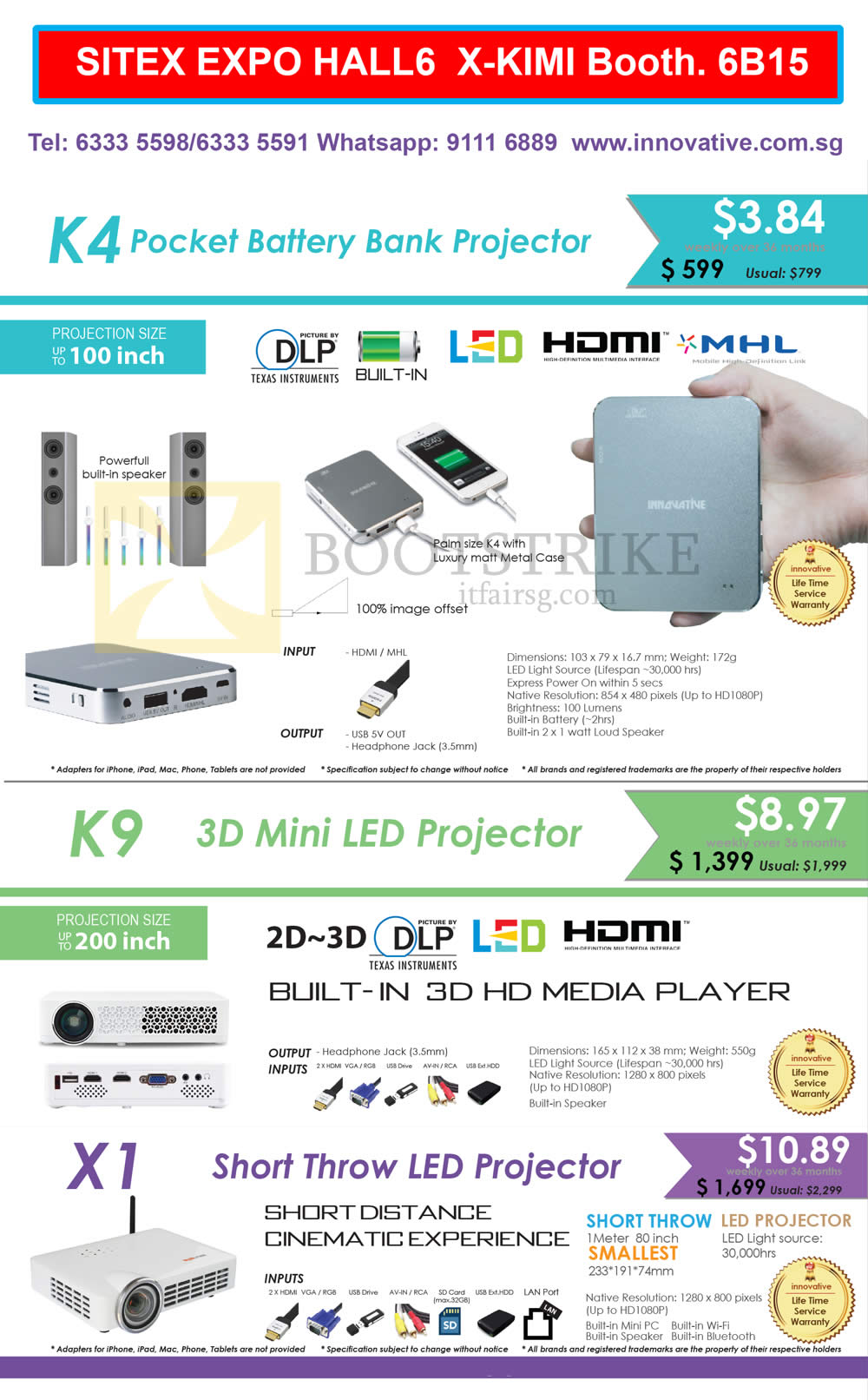 SITEX 2015 price list image brochure of X-Kimi Innovative Projectors K4, K9, X1