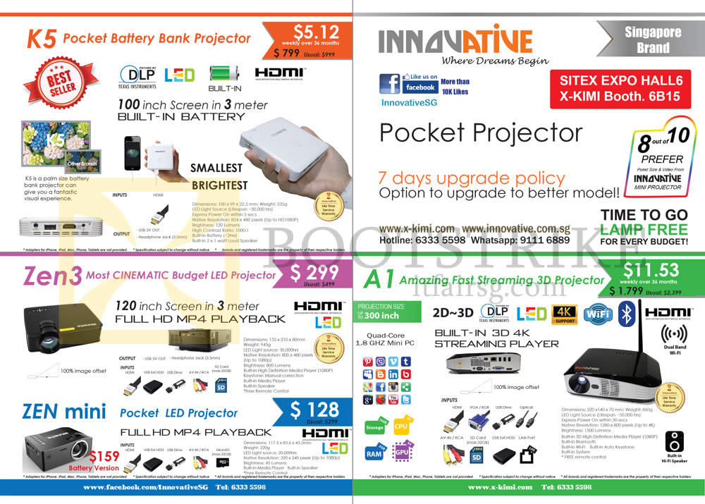 SITEX 2015 price list image brochure of X-Kimi Innovative Projectors K5, Zen 3, Mini, A1